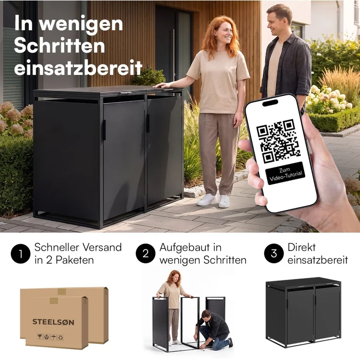 STEELSØN 'Thoria' Mülltonnenbox 2er je 240 Liter, graphitschwarz, Mülltonnenverkleidung aus Stahl, wetterfest, 116x80x134 cm, Müllbox für 2 Tonnen – Bild 9