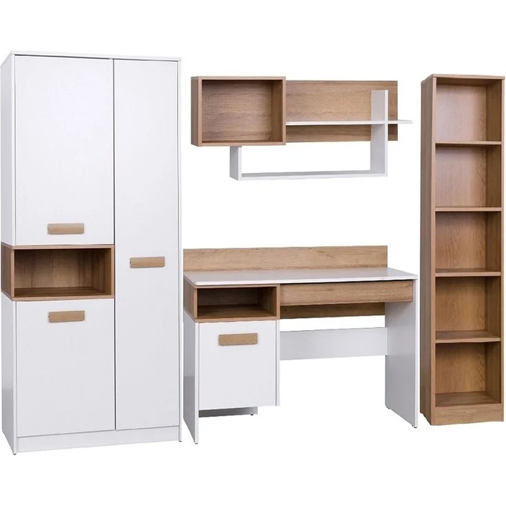 Marmex Möbel Grant Set-F Jugendzimmer Komplett-Set 4-teilig mit Kleiderschrank, Schreibtisch, Wandregal, Bücherregal, Kinderzimmermöbel mit Schreibtisch, laminierte Spanplatte, Kleiderstange, weiß+riviera Eiche, 234x195x55 cm – Bild 6