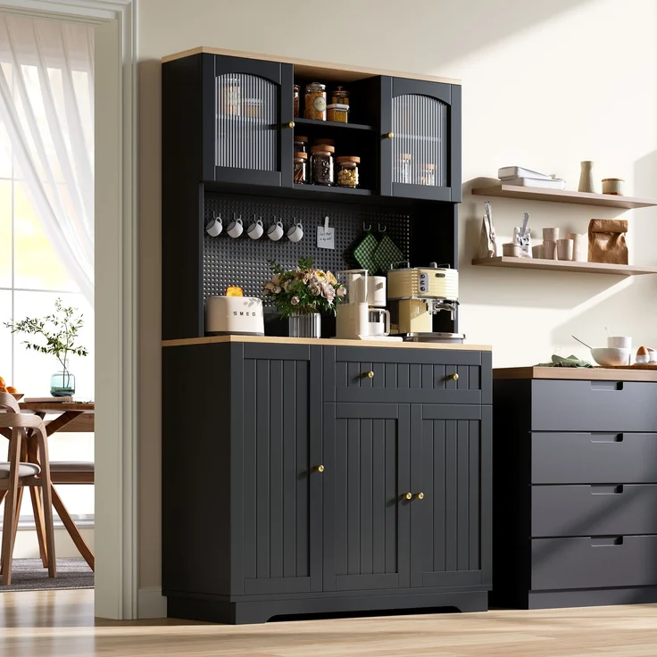 ZUBALIYA Vitrinenschrank mit Tür / Küchenschrank, mit verstellbaren Einlegeböden und lochblech, Schwarz, 103.5 x 40 x 180 cm, fürs Kinderzimmer, mit Schubladen, mit Stauraum – Bild 4