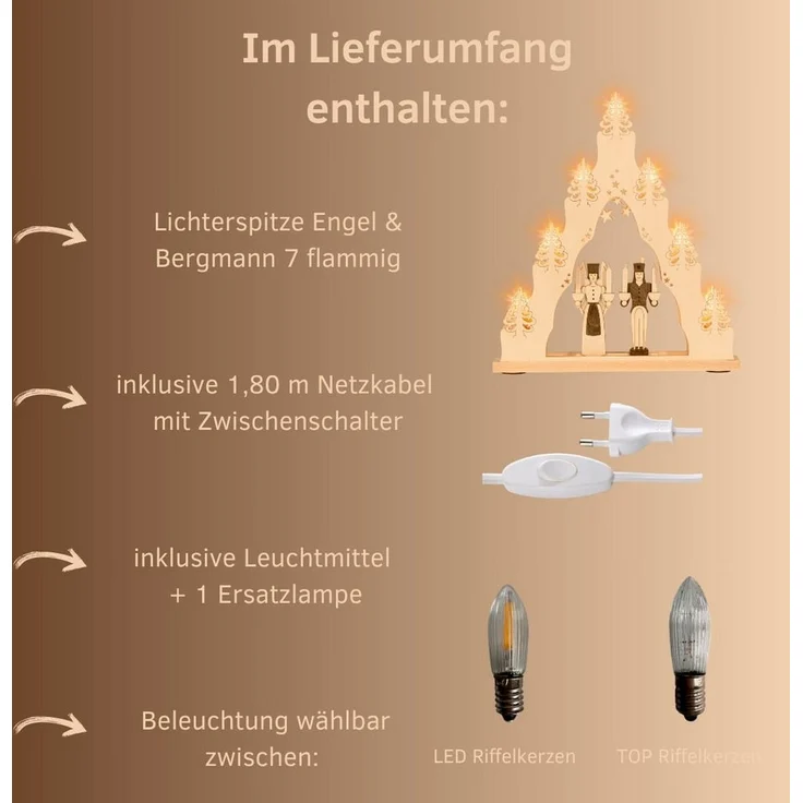 Weigla Schwibbogen Engel & Bergmann, Lichterspitze aus Holz, NATUR-BRAUN, Made in Germany, Erzgebirge garantiert, Weihnachtsdeko Innen, Weihnachtsbeleuchtung – Bild 2