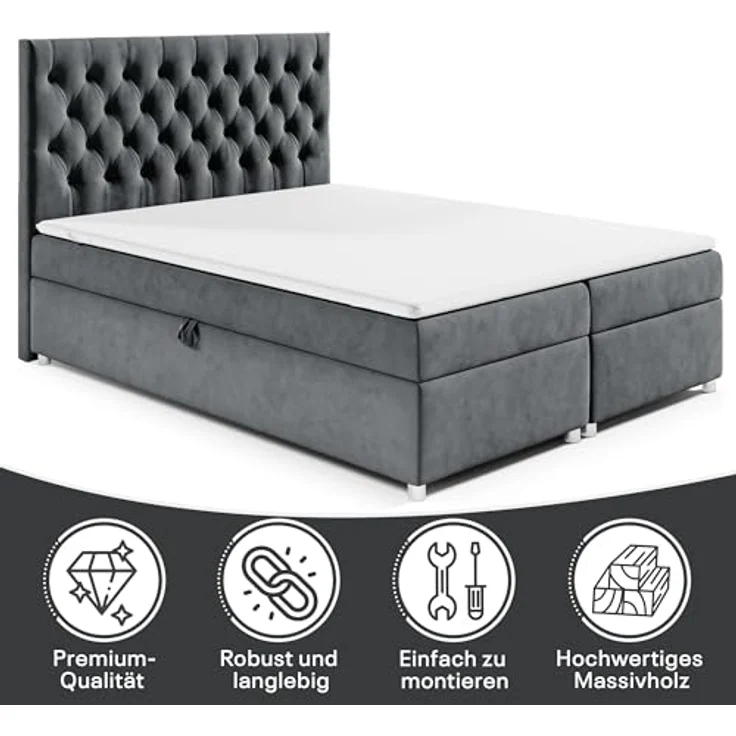 Best For Home Boxbett Trinity K-14, Graphit, 200x200 cm, Boxspringbett mit Bettkasten und 18 cm hoher Matratze – Bild 3