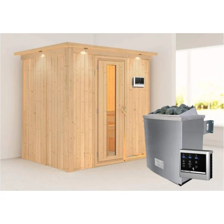 Karibu Sauna Bodin mit Dachkranz + 9kW Saunaofen mit ext. Steuerung Easy Klarglas Ganzglastür – Bild 1