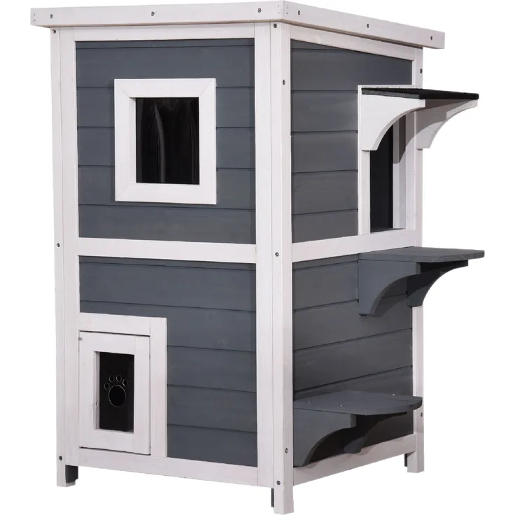 Katzenhaus Katzenvilla isoliert Katzenhütte 2 Etagen Wetterfest, Grau, 0508 EY