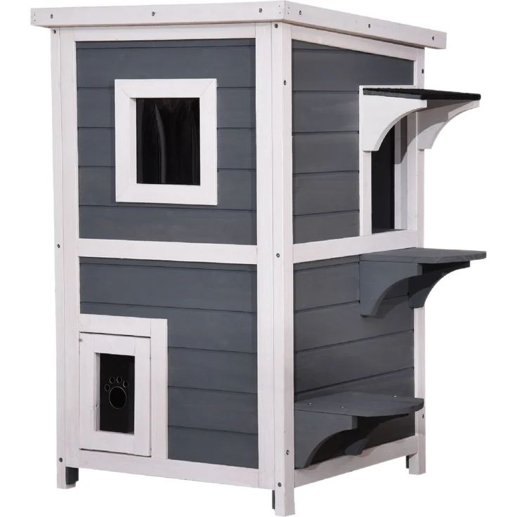 Katzenhaus Katzenvilla isoliert Katzenhütte 2 Etagen Wetterfest, Grau, 0508 EY – Bild 1