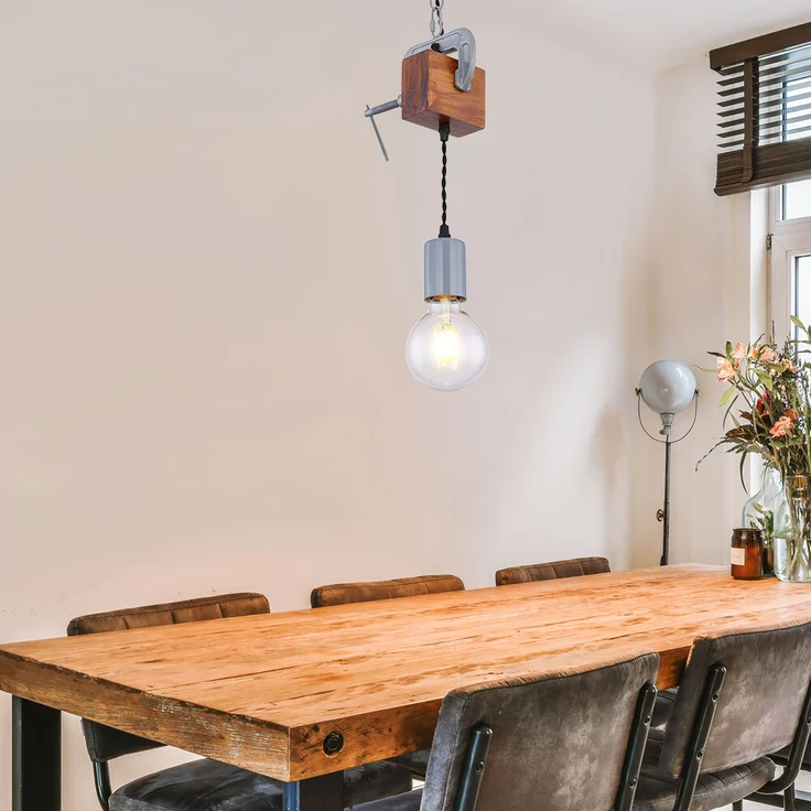 Hängeleuchte, Holz antik Metall verzinkt, Schraubzwinge, H 120cm – Bild 5