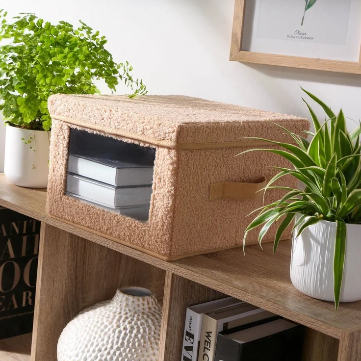 Calicosy Aufbewahrungsbox aus Bouclé-Stoff in Beige mit Fenster - L40 cm - Beige – Bild 2