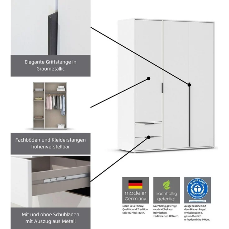 rauch Drehtürenschrank Kleiderschrank Schrank Garderobe Wäscheschrank NAGATA mit Spiegel (in 3 verschiedenen Ausstattungen BASIC/CLASSIC/PREMIUM) und Schubladen sowie Stangengriffen TOPSELLER MADE IN GERMANY – Bild 2