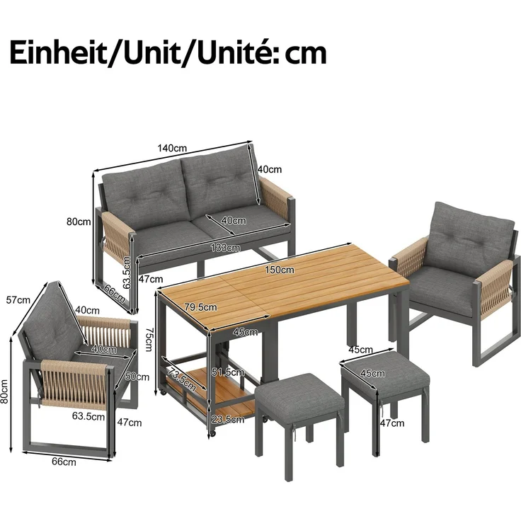 Modernes Outdoor-Sofa-Set , Freizeit- und Besprechungsset für mehrere Personen , Eisengestell , Geflochtene Armlehnen , Inklusive Sitzkissen , Multifunktionaler Tisch – Bild 7