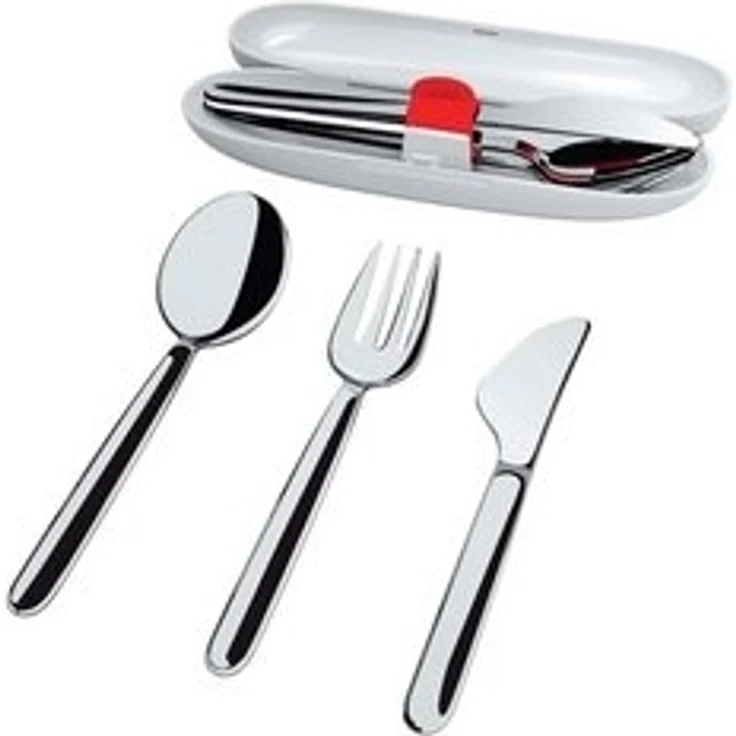 Alessi Besteck-Set Reisebesteck Set, Edelstahl 18/10 poliert, Etui thermoplastisches Harz, Je 1 Löffel, Messer, Gabel 15.5 cm lang – Bild 4