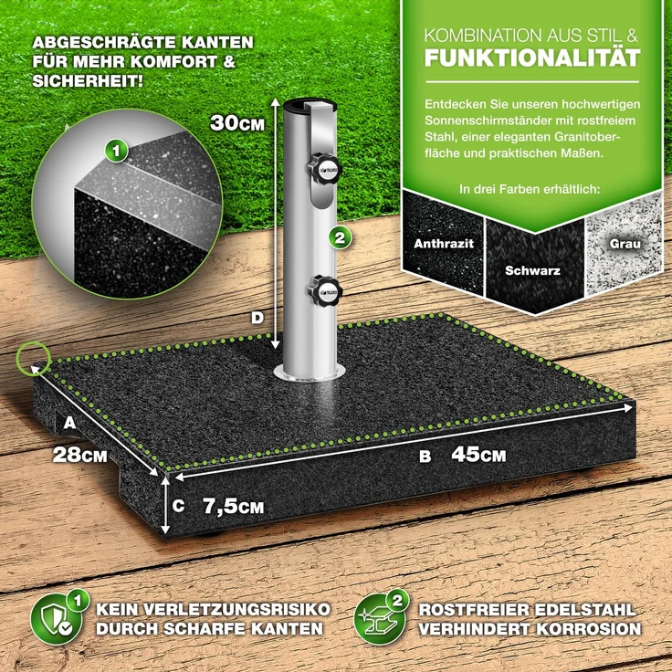 tillvex® Granit Sonnenschirmständer mit Transportgriff Anthrazit - 27 kg Rechteckig | Schirmständer Sonnenschirm mit Edelstahlrohr | Balkonschirmständer für Schirmstöcke 16-48 mm & 300 cm Schirmdurchmesser – Bild 2