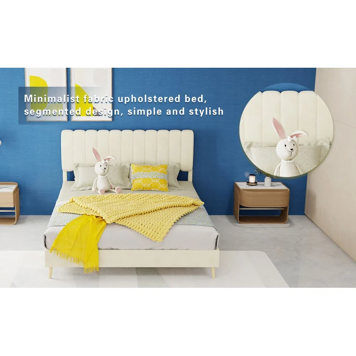 Novelux Modernes Polsterbett 140x200 cm mit weichem Kopfteil – Stabiler Holzbettrahmen aus holländischem Samt Beige, Plattformbett ohne Matratze – Bild 6