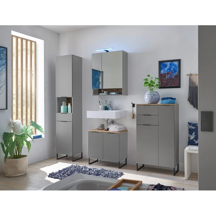 Badezimmerspiegelschrank >Denver< LED, Steckdose, grau matt / evoke eiche Dekor - 60x75x22 (BxHxT) – Bild 6