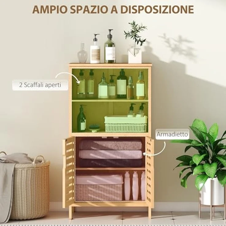 Kleankin Badkommode Unterschrank aus Bambus Lamellentüren (Badschrank, 1 St, Badezimmerschrank), Naturholz, 50 x 29 x 92 cm – Bild 4