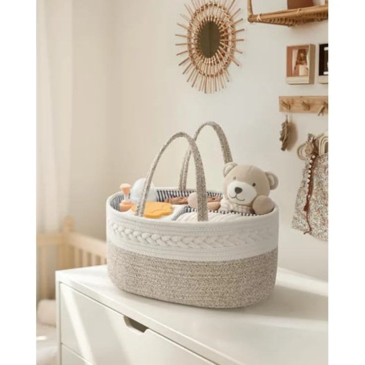 Maliton Wickeltisch Organizer，Baby Organizer Korb，Aufbewahrungskorb für den Wickeltisch，Windel Caddy mit Fächern & Griffen，Geschenke für Neugeborene – Bild 6
