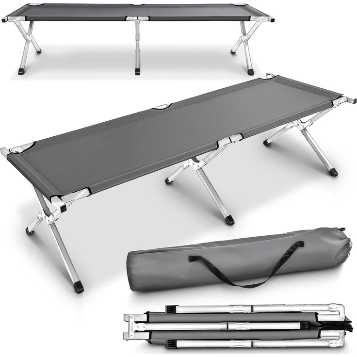 TRESKO XXL Campingbett Feldbett 190 x 64 x 44 cm Metallrohr - Belastbarkeit bis 150kg Grau