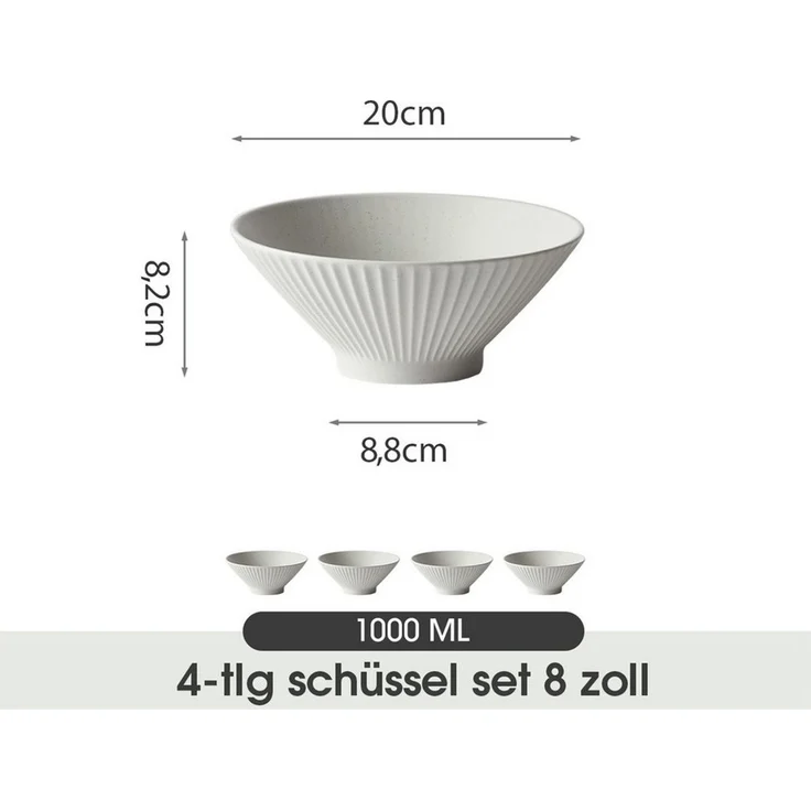 JIWOO Schüssel 4er Ø20cm, Japanische Ramenschüssel Suppenschüssel bowl Pastaschüssel, Keramik, (Schüsselset, 4-tlg), Bowl Hochwertiges Schüsseln Grau Schüssel Mikrowellenofen Spülmaschine – Bild 1