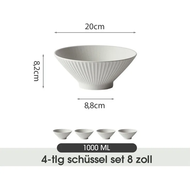 JIWOO Schüssel 4er Ø20cm, Japanische Ramenschüssel Suppenschüssel bowl Pastaschüssel, Keramik, (Schüsselset, 4-tlg), Bowl Hochwertiges Schüsseln Grau Schüssel Mikrowellenofen Spülmaschine