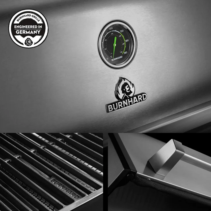 BURNHARD® Gasgrill 6-Brenner, 5x Edelstahl-Stabbrenner, 3,5 kW, Infrarot-Keramikbrenner, Heckbrenner, Seitenkochfeld, große Grillfläche, Piezo-Zündung – Fat FRED Deluxe - Silber - #947148 – Bild 6