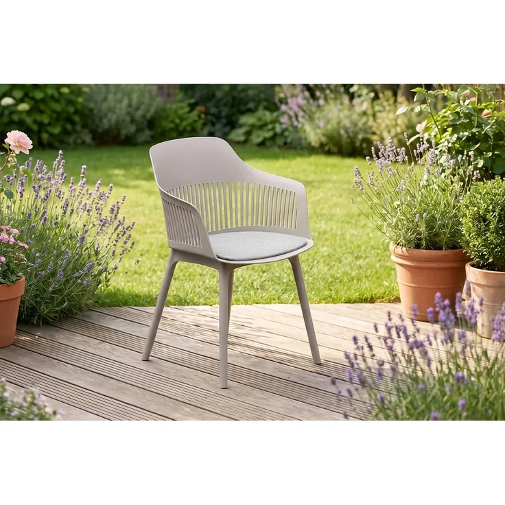 KAWOLA Gartenstuhl ALTEA Outdoor Kunststoff beige mit Kissen 84 x 54 x 59 cm
