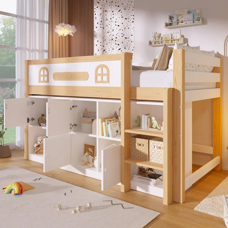 ZUBALIYA Halbhohes Bett, mit Ablagefächern und Leiter und Kreidetafel, Maße 90 x 200 cm, Weiß und Natur, Stockbett, fürs Schlafzimmer, Samt – Bild 3