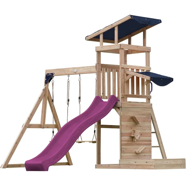 AXI Malik Spielturm aus Holz mit 2 Schaukeln XXL Spielhaus / Spielplatz für Kinder mit Sandkasten, Spielwand & Rutsche in Lila | Braun, Violett | Holz | 336 cm