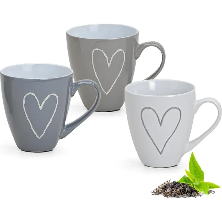 matches21 HOME & HOBBY Tasse Grosse Kaffeetassen Landhaus-Stil Herzen Kaffeebecher, Keramik, Tee Kaffee-Becher, Vintage, weiss grau beige, 400 ml