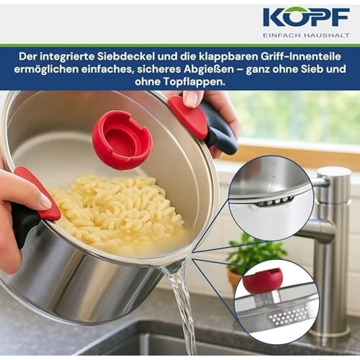 Kopf Topf-Set Kochtopfset Nelo, Edelstahl (7-tlg), mit Deckel, intelligenter Abgießhilfe & integrierter Siebfunktion – Bild 7