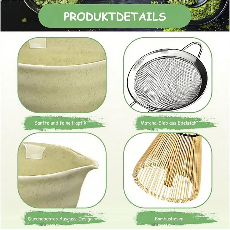 SURFOU Teeservice 6 Stück Matcha Tee Set mit Matcha Besen Edelstahlsieb Schal, 2 Matcha Löffel Besenhalter aus Keramik Matcha-Utensilien – Bild 4
