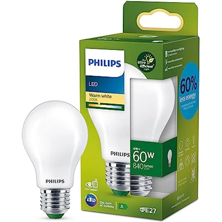 Philips E27 LED-Lampe A60, 4W 840lm, 2.700K warmweiß, matt