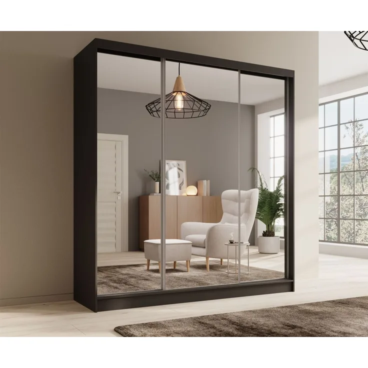 Schiebetürenschrank Schrank Nr. 455 in Schwarz matt- Spiegel 200 x 215 x 61 cm
