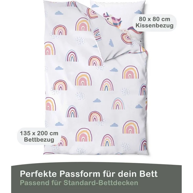 LINKHOFF Kinderbettwäsche Einhorn Bettwäsche 135x200 – 100% Baumwolle Mädchenbettwäsche, Unicorn Kinderbettwäsche 135x200 Regenbogen – Reißverschluss – Bild 2