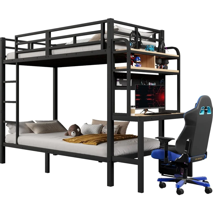 Etagenbett, 90x200 cm, Eisenrahmen, Ablagefach, Schreibtisch, mit LED-Lichtleiste, USB-Anschluss, Sicherheitsgeländer, Leiter, ohne Matratze, schwarz – Bild 7