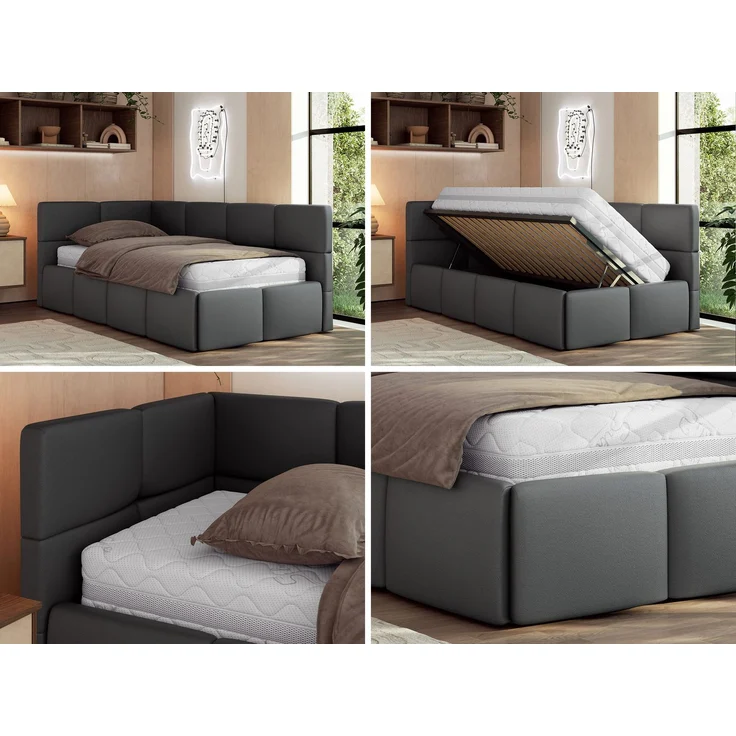 Jugendbett 90x200 ARVO Polsterbett mit Bettkasten, Stauraum & Gasdruckfeder, Modernes Design mit Kopfteil, Foam Matratze - Grau Kunstleder - MIRO LUX - Links Seite – Bild 2