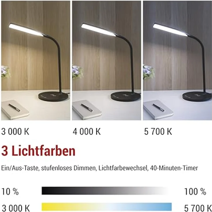 EMOS LED Tischlampe OSCAR, dimmbar, 360lm, einstellbare Lichtfarbe, hohe CRI >90, schwarz, mit Ladestation und Timer, 5,5W, Z7637B – Bild 5