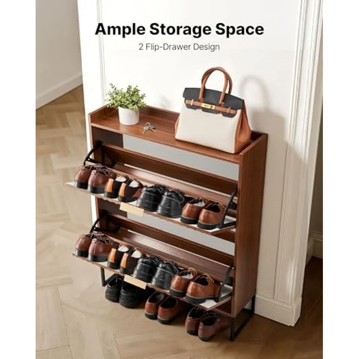 VEVOR Schuhschrank mit 2 Klappen, platzsparender Schuhkipper & Kippschutz, freistehender Schuhregal-Organizer für den Eingang Flur Wohnzimmer Veranda, Schuhregal 80 x 24 x 100 cm Braun – Bild 5