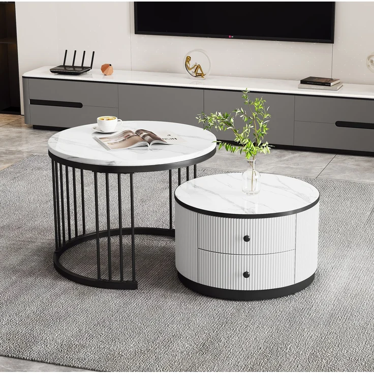 2er Couchtisch Set rund in Weiß, Wohnzimmertisch mit Marmoroptik Hochglanz, Beistelltisch mit Schubladen, modernes Tischset MDF – Bild 2