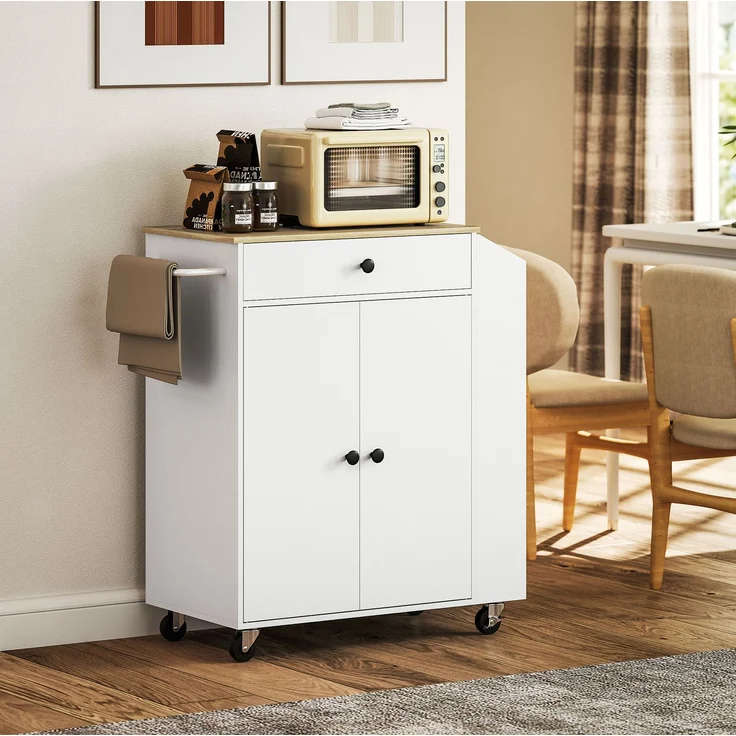 Küchenwagen 82cm×38cm×86.5cm mit Rollen, Schublade und Schrank – weiß mit Arbeitsplatte in Eichenholzdekor – Bild 3