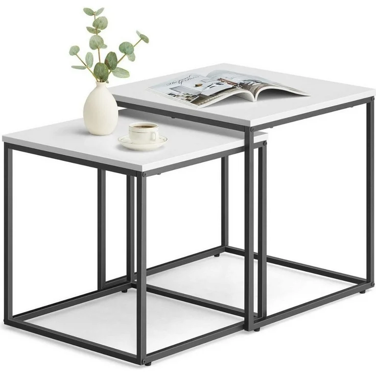 Home Collective Couchtisch 2er Set Beistelltisch Loft Design 2in1 Verschachtelung Wohnzimmer, kratzfeste Oberfläche 50&45cm weiß schwarzen Beinen quadratisch – Bild 2