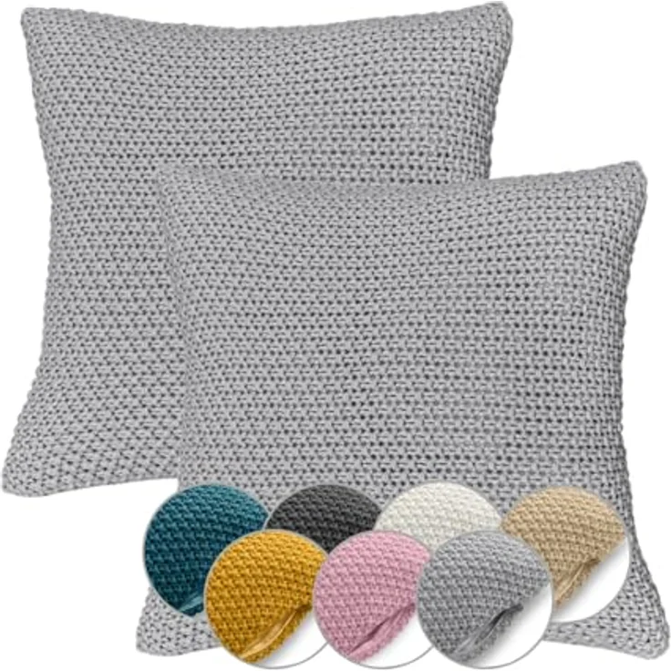 wometo Kissenhülle Strick, Grau, 45x45 cm, Oeko-Tex® zertifiziert, 2-teilig mit verdecktem Reißverschluss – Bild 1