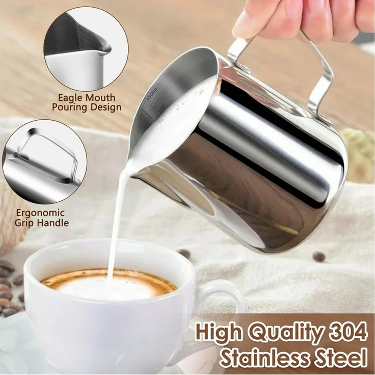 SURFOU Milchkännchen Edelstahl Milchkanne Barista Zubehör Milchaufschäumer Milchbehälter, 0.35 l, (Handheld Aufschäumkännchen Set, Kaffee Creamer Milch Aufschäumer Kännchen Tasse mit Messung Mark und Latte Art Pen, Milchkännchen perfekt für Barista Cap... – Bild 3