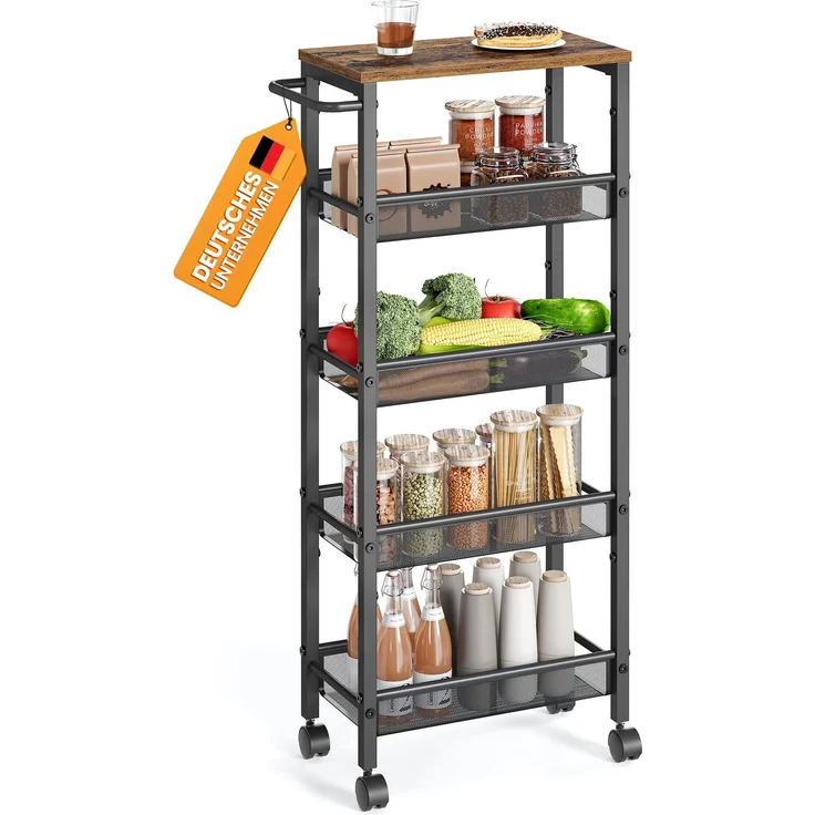 VASAGLE Rollwagen, Schmaler Küchenwagen mit 5 Ebenen, 45,4 x 22 x 99,6 cm | Nischenregal mit Rollen, für Küche und Bad, Rustikales Braun und Mattschwarz, DACEY Kollektion LRC035B01
