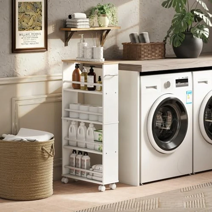 HOMCOM Servierwagen mit 4 Etagen Küchenwagen mit Rollen Griffe Allzweckwagen mit Bremsen schmal Küchenregal Küchenrollwagen für Küche Büro Badezimmer, Natur – Bild 8