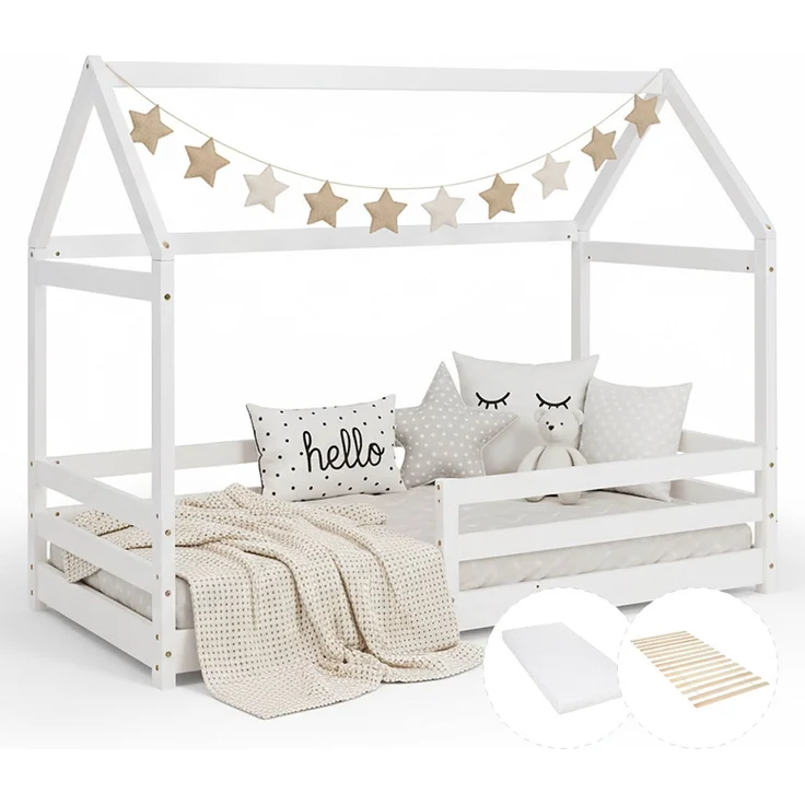 Homestyle4u Kinderbett mit Matratze und Rausfallschutz, Holzwerkstoff weiß, 80x160 cm – Bild 1