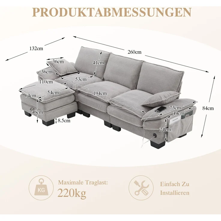 DESVIAE Sofa 3-Sitzer mit Hocker und USB-C-Anschluss 260x84x132 cm Cord Hellgrau – Bild 10