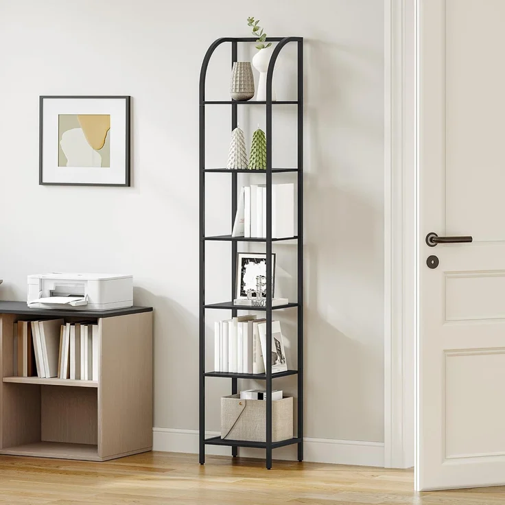 Bücherregal, 6 Ebenen Standregal, DVD-Regal, Schmale Regale, Offenes Regal, Industriestil, Metallrahmen, Geeignet für Arbeitszimmer, Wohnzimmer, Schlafzimmer, Küche, Schwarz – Bild 1