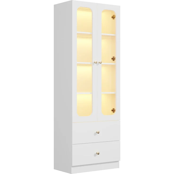 ZUBALIYA Glasvitrine, Küchenschrank, Aktenschrank, Sammelfiguren-Vitrine, 4 Ebenen Spielzeugschrank mit 2 Schubladen, LED-Leiste mit RGB-Farbwechsel per App steuerbar, goldene Metallgriffe, weiß, 60x35x170 cm – Bild 16