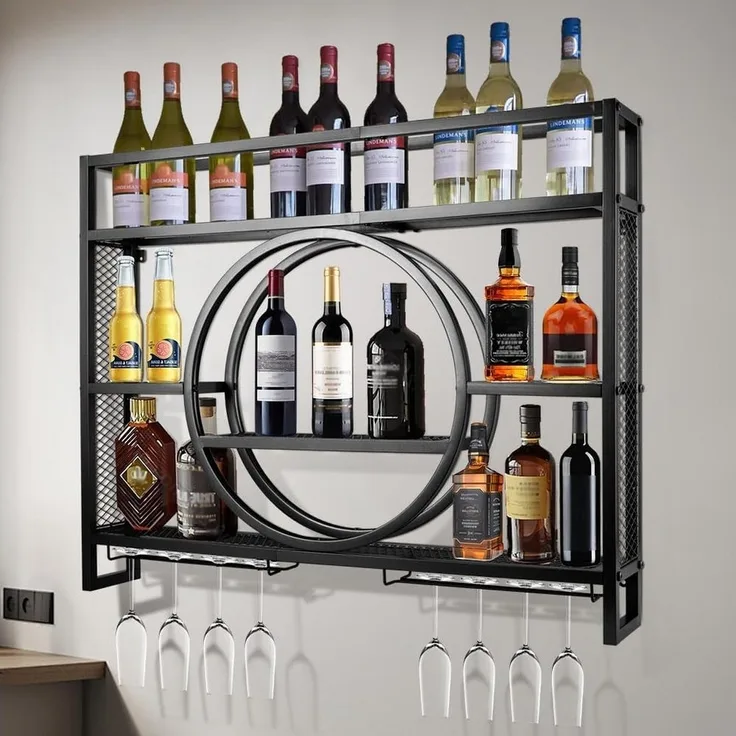 XERSEK Weinregal Wandmontierte Metal Flaschenregal Schwarz Gold Wein Regal Rack Schrank, Platz für 30 Flaschen, Maximale Belastung 50 kg, Klassischer Stil, 3 Ebenen, Aus Kohlenstoffstahl