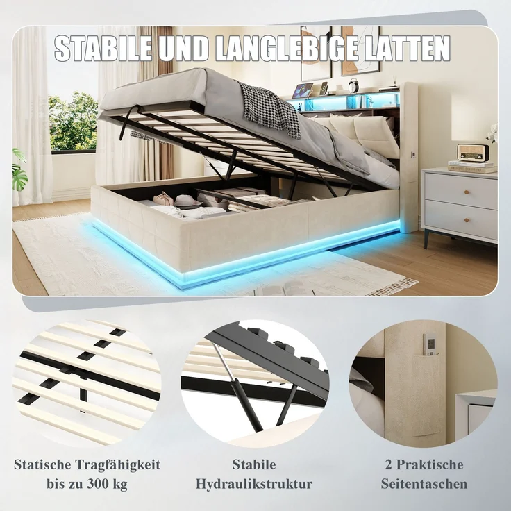 LVHOM Doppelbett 140x200cm mit LED&USB, Polsterbett mit hydraulischem Stauraum, Samtstoff, Beige – Bild 6