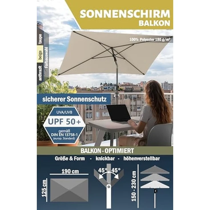 Menz Sonnenschirm Balkon - 3-IN-1 Sonnenschutz Balkon SET in Beige, UPF 50+ Sonnenschirm rechteckig 200x125 cm + Metall Sonnenschirmhalter Balkongeländer + Sonnenschirmhülle – Bild 4
