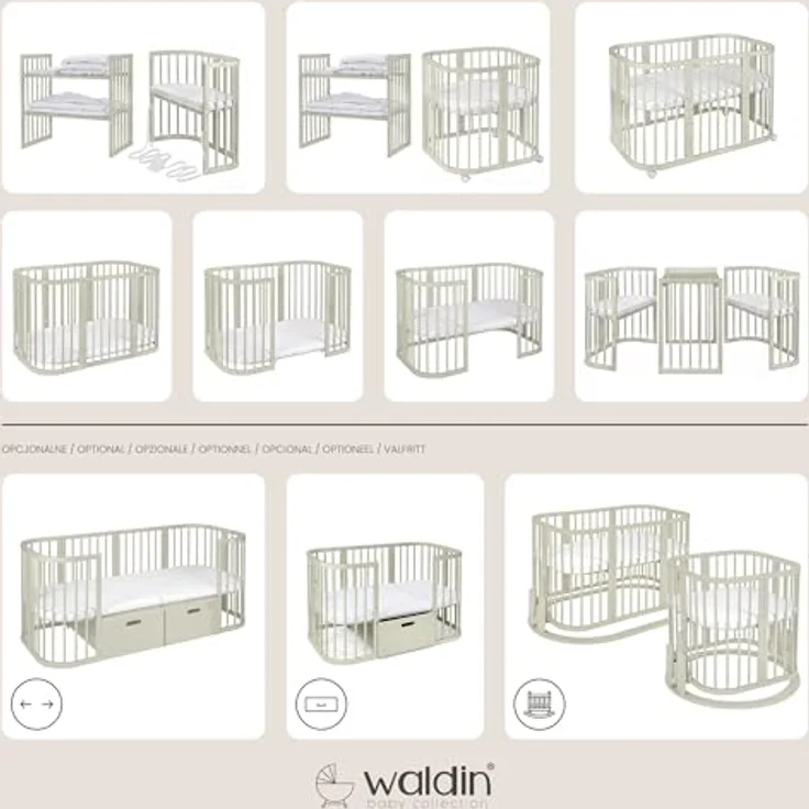 Waldin Babybett Mobiles Babybett OWAL aus Holz 7in1 mit Matratze, mitwachsend – Bild 3